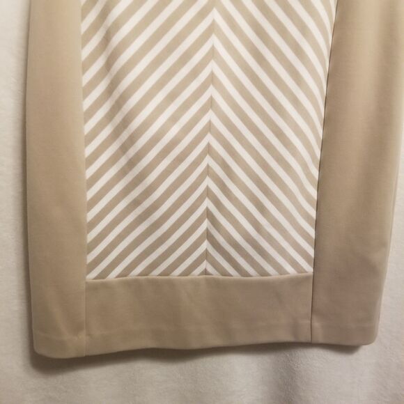 Calvin Klein 10 Dress Knee Length Sleeveless Striped Sheath Beige & White Career - Picture 2 of 8